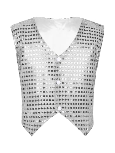 Freebily Kinder Jungen Glänzend Weste Anzugweste Hip Hop Kleidung Pailletten Weste Festlich Hochzeit Tanz Kostüm Chor Jazz Dancewear Silber 152-158/12-13 Jahre von Freebily