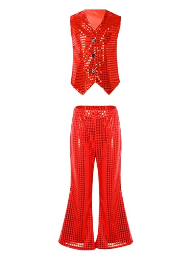 Freebily Kinder Jungen Mädchen Disco Kleidung Jazz Hip Hop Outfit Glitzer Pailletten Weste Schlaghose Set Festival Tanzoutfit Trainingsanzug B_Rot 146-152 von Freebily