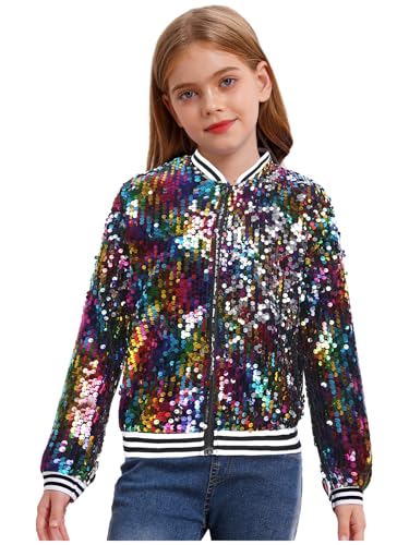Freebily Kinder Jungen Mädchen Glänzende Pailletten Jacke Glitzer Bomberjacke Mit Reißverschluss Party Tanz Top Sport Freizeitjacke Streetdance Hip Hop Jacke Bunt_A 122-128 von Freebily