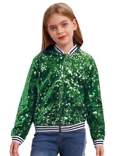 Freebily Kinder Jungen Mädchen Glänzende Pailletten Jacke Glitzer Bomberjacke Mit Reißverschluss Party Tanz Top Sport Freizeitjacke Streetdance Hip Hop Jacke Grün_A 158-164 von Freebily