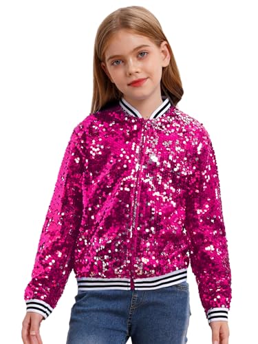 Freebily Kinder Jungen Mädchen Glänzende Pailletten Jacke Glitzer Bomberjacke Mit Reißverschluss Party Tanz Top Sport Freizeitjacke Streetdance Hip Hop Jacke Hotpink_A 134-140 von Freebily