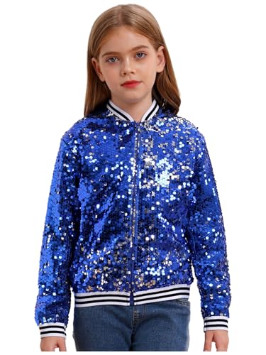 Freebily Kinder Jungen Mädchen Glänzende Pailletten Jacke Glitzer Bomberjacke Mit Reißverschluss Party Tanz Top Sport Freizeitjacke Streetdance Hip Hop Jacke Königsblau_A 158-164 von Freebily