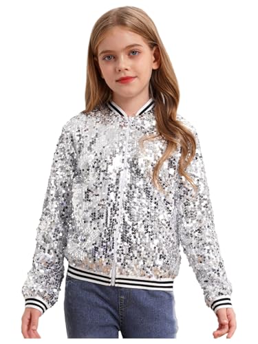Freebily Kinder Jungen Mädchen Glänzende Pailletten Jacke Glitzer Bomberjacke Mit Reißverschluss Party Tanz Top Sport Freizeitjacke Streetdance Hip Hop Jacke Silber_A 146-152 von Freebily