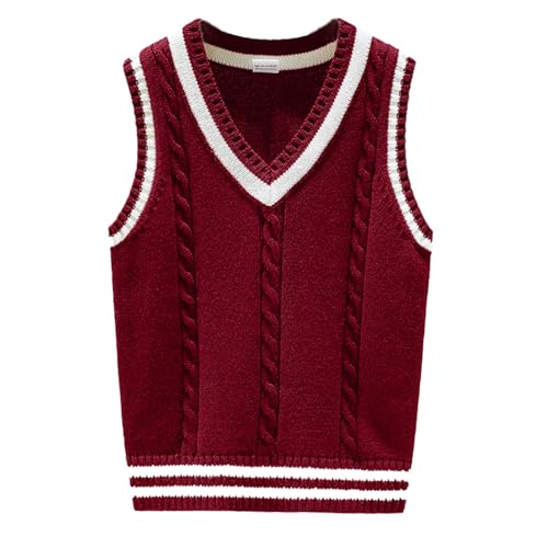 Freebily Kinder Jungen Mädchen Pullunder Strickweste Ärmellos Klassische V-Ausschnitt Gestrickte Pullover Weste Burgundy 146-152/11-12 Jahre von Freebily