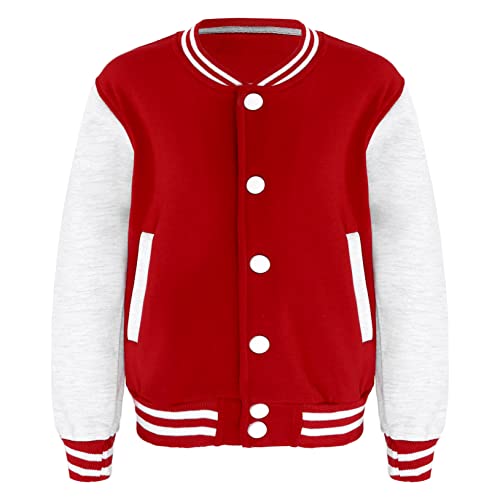 Freebily Kinder Jungen Mädchen Übergangsjacke Mode Vintage College-Stil Jacke Baseball Sportjacke mit Druckknöpfe Casual Streetwear Rot&Grau B 134-140/9-10 Jahre von Freebily