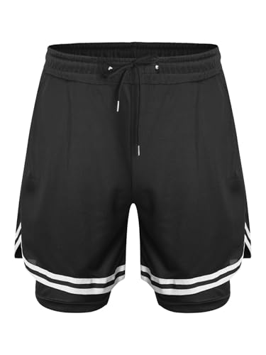 Freebily Kinder Jungen Sport Shorts 2 in 1 Laufshorts Schnelltrocknend Kurze Sporthose Running Training Workout Fitness Kurze Hose Mit Taschen Schwarz_A 140-146 von Freebily