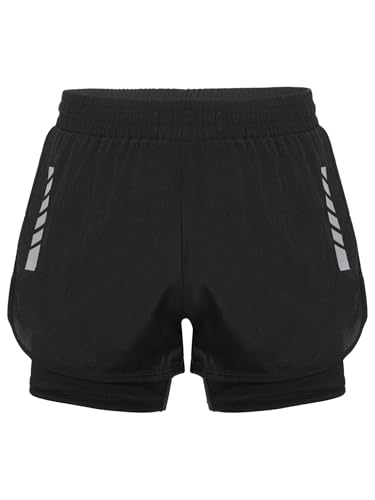 Freebily Kinder Jungen Sport Shorts 2 in 1 Laufshorts Schnelltrocknend Kurze Sporthose Running Training Workout Fitness Kurze Hose Mit Taschen Schwarz_B 158-164 von Freebily