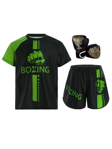 Freebily Kinder Jungen Trainingsanzug Muay Thai Kickboxen Handschuhe Shorts Und Kurzarm Oberteil MMA Sport Kleidung Set Grün&Schwarz 122-128 von Freebily
