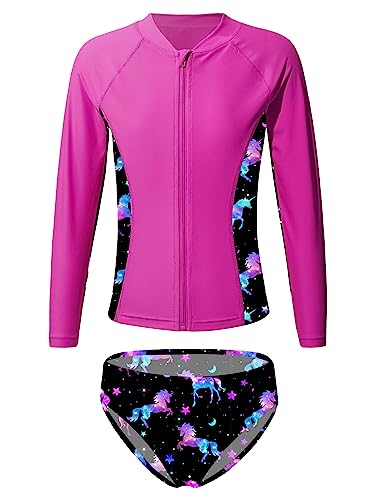 Freebily Kinder Mädchen Badeanzug Langarm Bademode Tankini Set Oberteil Und Shorts 2/3 Teiler Set UV-Schutz Badebekleidung Hotpink_I 122-128 von Freebily