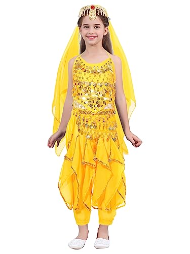 Freebily Kinder Mädchen Bauchtanz Kleidung Orient Indische Tanzkleidung Tanzsoutfit Belly Dance Training Outfit Party Faschnacht Kleidung D_Gelb 110-122 von Freebily