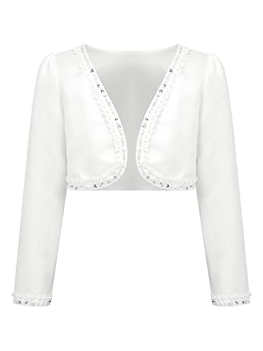 Freebily Kinder Baby Mädchen Bolero Jacke Satin Spitze Hochzeit Blumenmädchen Schulterjacke Kommunionjacke Partykleid B Weiß 146-152 von Freebily
