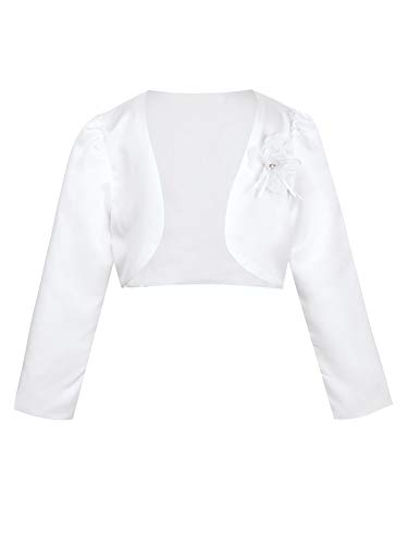 Freebily Kinder Mädchen Bolerojacke Festlich Bolero Jäckchen Langarm Satin Schulterjacke Mit Blumen zum Abendkleid Kommunion Festzug Partykleid Weiß 134-140 von Freebily