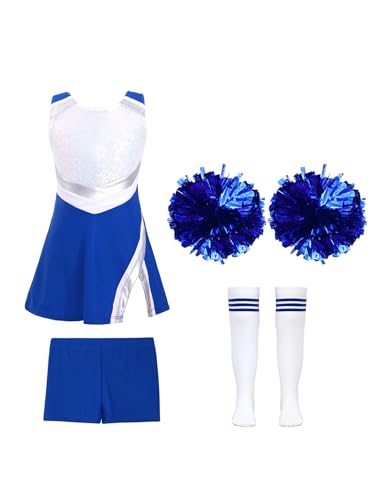 Freebily Kinder Mädchen Cheerleading Uniform Cheer Leaderin Kleid Pompoms Party Fasching Tanzkleidung High School Musical Aerobic Outfit Königsblau_A 146-152 von Freebily