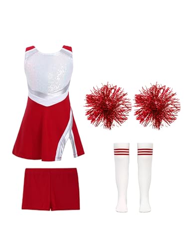 Freebily Kinder Mädchen Cheerleading Uniform Cheer Leaderin Kleid Pompoms Party Fasching Tanzkleidung High School Musical Aerobic Outfit Rot_B 146-152 von Freebily