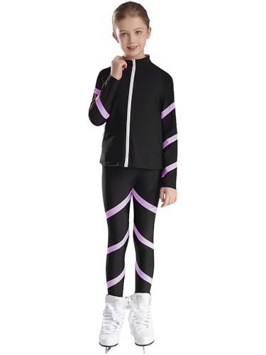 Freebily Kinder Mädchen Eiskunstlauf Anzug Jacke Hose Sport Set Eislaufen Trainingsoutfit Strass Sweatjacke Leggings Performance Tanzkleidung Hellviolett_C 134-140 von Freebily