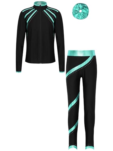 Freebily Kinder Mädchen Eiskunstlauf Anzug Glitzer Strass Jacke Hose Und Haargummi 3er Set Eislaufen Trainingsoutfit Sport Performance Tanzkleidung Blaugrün_S 134-140 von Freebily