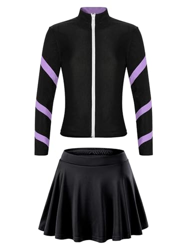 Freebily Kinder Mädchen Eiskunstlauf Anzug Jacke Rock Set Strass Eislaufen Trainingsoutfit Sweatjacke Sportrock Set Performance Tanzkleidung Lavendel_A 128-134 von Freebily