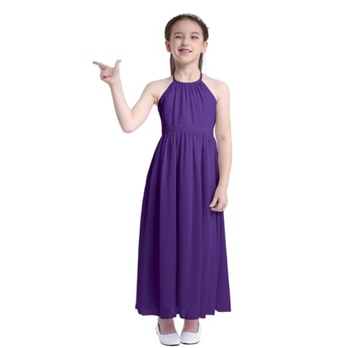 Freebily Kinder Mädchen Festliches Kleid Lang Chiffon Spitze Blumenkinder Kleider Hochzeit Partykleider Festzug Ballkleid A-Linie Lila 140 von Freebily