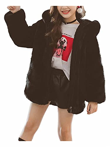 Freebily Kinder Mädchen Fleecejacke Winter Warme Kunstpelz Jacke Mantel Kapuzenjacke Pullover mit Teddybär Hase Ohren Outwear Schwarz_D 122-128/7-8 Jahre von Freebily