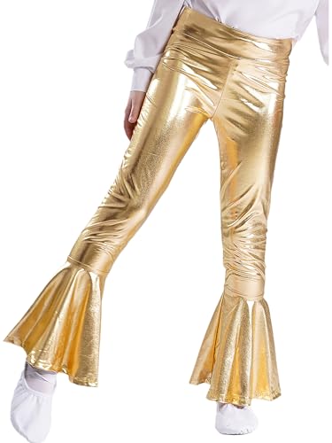 Freebily Kinder Mädchen Glänzend Metallische Schlaghose Leggings 70er 80er Disco Outfit Tanzhose Fasching Party Kleidung Gold_A 134-140 von Freebily