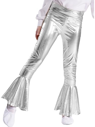 Freebily Kinder Mädchen Glänzend Metallische Schlaghose Leggings 70er 80er Disco Outfit Tanzhose Fasching Party Kleidung Silber_A 134-140 von Freebily