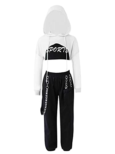 Freebily Kinder Mädchen Hip Hop Dance Kleidung Trainingsanzüge Kapuzenpullover Sweatshirt Bauchfrei Crop Tank Top Hose Set Jazz Tanzkleidung A_Weiß 140/10 Jahre von Freebily