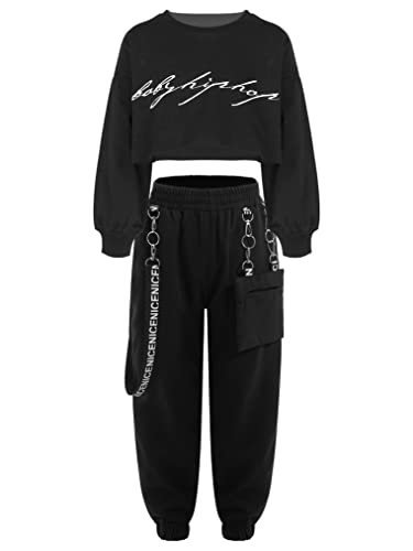 Freebily Kinder Mädchen Hip Hop Dance Kleidung Trainingsanzüge Kapuzenpullover Sweatshirt Bauchfrei Crop Tank Top Hose Set Jazz Tanzkleidung E_Schwarz 158-164/13-14 Jahre von Freebily