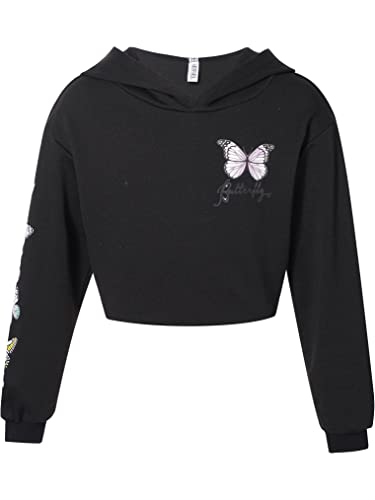 Freebily Kinder Mädchen Hoodie Sweatshirt Mode Schmetterling Muster Cropped Shirt Top Mit Kapuze Casual Sport Hip Hop Tanz Oberteil Schwarz 134-140 von Freebily