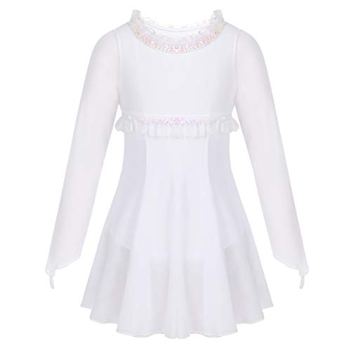 Freebily Kinder Mädchen Kleid Langarm Pailletten Eiskunstlaufkleid Tüll Rüschen Ballettkleid Eislaufen Rollschuh Tanz Trikot Kleid Weiß 158-164 von Freebily