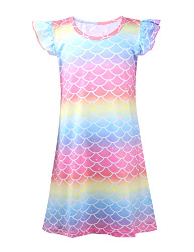 Freebily Kinder Mädchen Nachthemd Kurzarm Meerjungfrau Prinzessin Nachtkleider Sommer Nachtwäsche Pyjamas Kleid Regenbogen 122-128 von Freebily