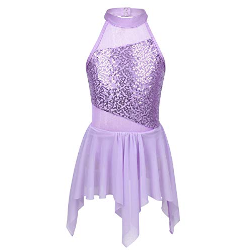 Freebily Kinder Mädchen Pailletten Kleid Festlich Tanzkleid Ärmellos Trikot Bodysuit Latein Ballett Jazz Salsa Tango Rumba Lyrisch Modern Tanz Kleidung Lavender 152/12 Jahre von Freebily