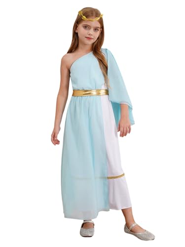 Freebily Kinder Mädchen Römische Griechische Göttin Kleid EIN-Schulter Und Gold Lorbeer Stirnband Halloween Fasching Mottoparty Outfit Hellblau 158-164 von Freebily