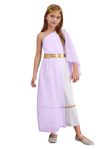 Freebily Kinder Mädchen Römische Griechische Göttin Kleid EIN-Schulter Und Gold Lorbeer Stirnband Halloween Fasching Mottoparty Outfit Lavendel 146-152 von Freebily