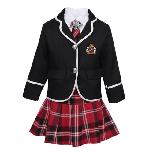 Freebily Kinder Mädchen Schuluniform Anime Marine Kostüm Klassische Schulmädchen Kostüm Set Langarm Mantel Hemd Krawatte Kariert Rock Schwarz 104-110 von Freebily