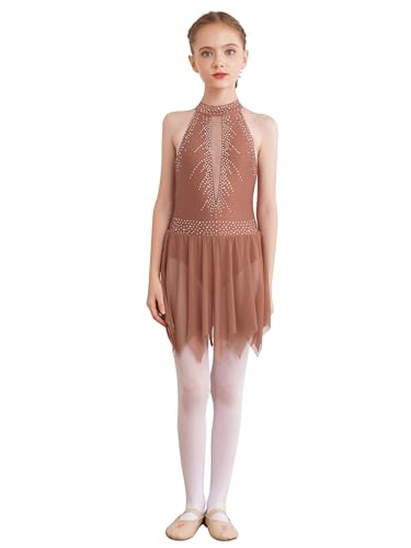 Freebily Kinder Mädchen Tanzkleid Ärmellos Glitzer Eiskunstlauf Kleid Neckholder Tanz Trikot Ballett Body Leotard Latin Lyrische Tanzkleidung Ballettkleidung Braun_A 170-176 von Freebily
