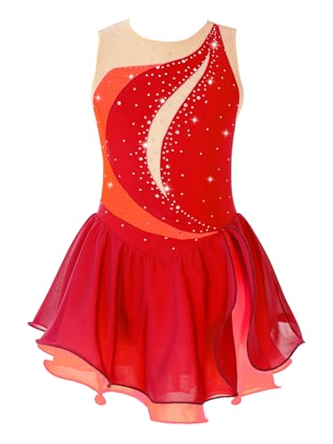 Freebily Kinder Mädchen Tanzkleid Ärmelloses Eiskunstlauf Kleid Ballettkleid Mit Strasssteinen Gymnastik Wettbewerb Kostüm Tanzkleidung Rot_A 134-140 von Freebily