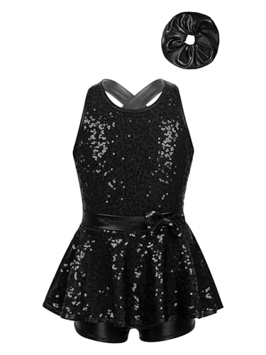 Freebily Kinder Mädchen Tanzkleid Glitzer Pailletten Tanzbody Leotard Ballett Latin Jazz Tanzkleidung Performance Wettbewerb Dancewear Schwarz_A&Haargummi 146-152 von Freebily