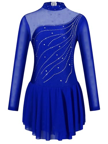 Freebily Kinder Mädchen Tanzkleid Langarm Glitzer Mesh Spleiß Eiskunstlauf Ballett Trikot Gymnastik Kleid Mit Strass Wettbewerb Tanzkleidung Gr.98-176 Königsblau 158-164 von Freebily