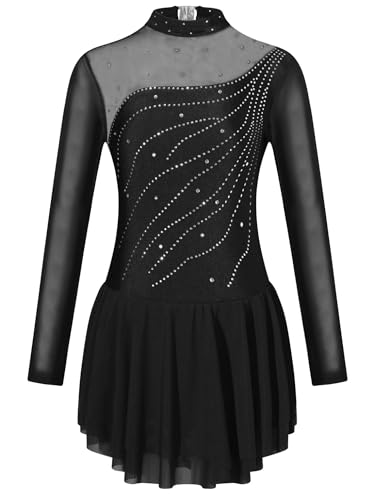 Freebily Kinder Mädchen Tanzkleid Langarm Glitzer Mesh Spleiß Eiskunstlauf Ballett Trikot Gymnastik Kleid Mit Strass Wettbewerb Tanzkleidung Gr.98-176 Schwarz 170-176 von Freebily