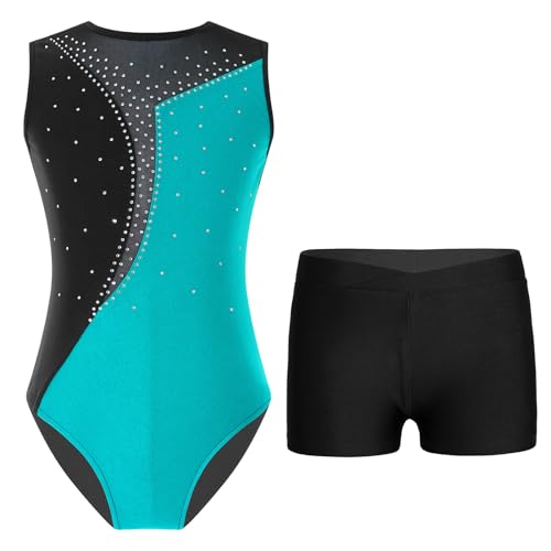 Freebily Kinder Mädchen Turnanzug Glitzer Ärmellos Gymnastikbody Trikot Shorts/Leggings Set Ballett Tanzkleidung Wettkampf Traininganzug A_Blaugrün&Schwarz 158-164 von Freebily