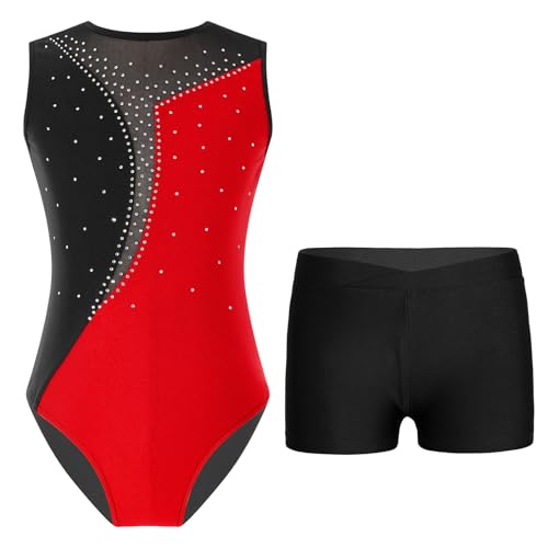 Freebily Kinder Mädchen Turnanzug Glitzer Ärmellos Gymnastikbody Trikot Shorts/Leggings Set Ballett Tanzkleidung Wettkampf Traininganzug A_Rot&Schwarz 158-164 von Freebily