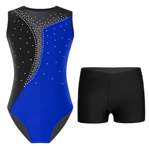 Freebily Kinder Mädchen Turnanzug Glitzer Ärmellos Gymnastikbody Trikot Shorts/Leggings Set Ballett Tanzkleidung Wettkampf Traininganzug A_Königsblau&Schwarz 134-140 von Freebily