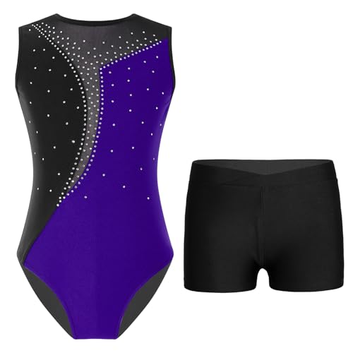 Freebily Kinder Mädchen Turnanzug Glitzer Ärmellos Gymnastikbody Trikot Shorts/Leggings Set Ballett Tanzkleidung Wettkampf Traininganzug A_Lila&Schwarz 158-164 von Freebily