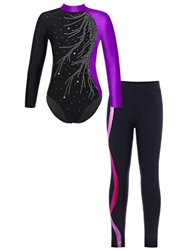 Freebily Kinder Mädchen Turnanzug Langarm Gymnastikbody Ballett Leotard Bodysuit Sport Leggings Tanz Strumphose Set Wettkampf Tanzkleidung G_Lila&Rose 122-128/7-8 Jahre von Freebily