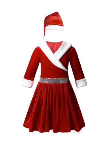 Freebily Kinder Mädchen Weihnachtskleid Langarm Weihnachten Festliche Partykleid Festkleid Ballkleid Weihnachtself Nikolaus Outfit Tanzkleid A_Rot&Hut 170 von Freebily