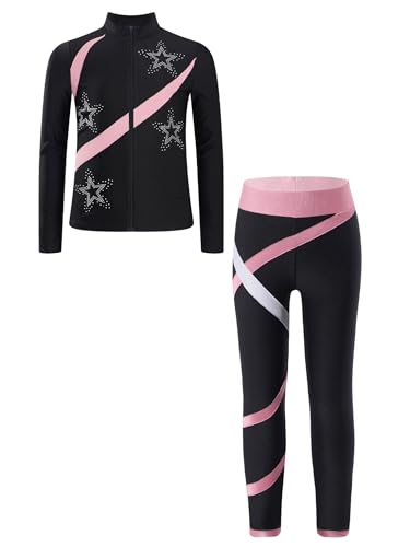 Freebily Kinder Trainingsanzüg Mädchen Eiskunstlauf Anzug Jacke Leggings Set Mit Strass-Stern Und Patchwork Eislaufen Sport Sweatsuit Tanzanzug Rosa 110-116 von Freebily