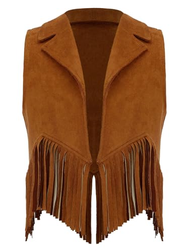 Freebily Kinder Western Weste Jacke Mit Fransen Jungen Mädchen Cowboy Cowgirl Weste Kinder Hippie Wildwest Outfit Fasching Karneval Braun 146-152 von Freebily