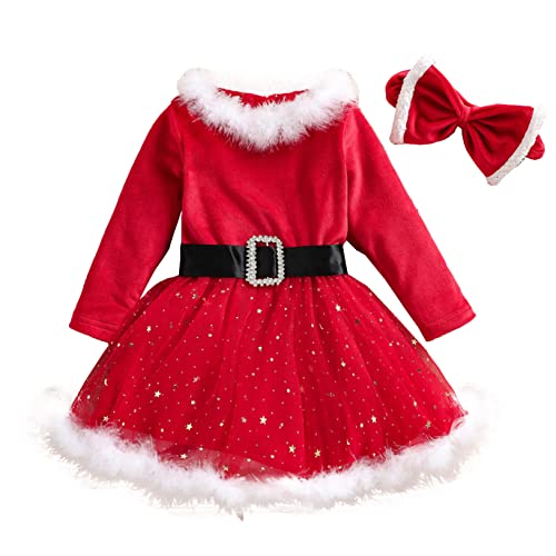 Freebily Kleinkind Baby Mädchen Kleider Festlich Weihnachtskleid Langarm Tutu Kleid Schleifen Stirnband Party Weihnachtskostüm Kleidung Rot B 86-92/18-24 Monate von Freebily