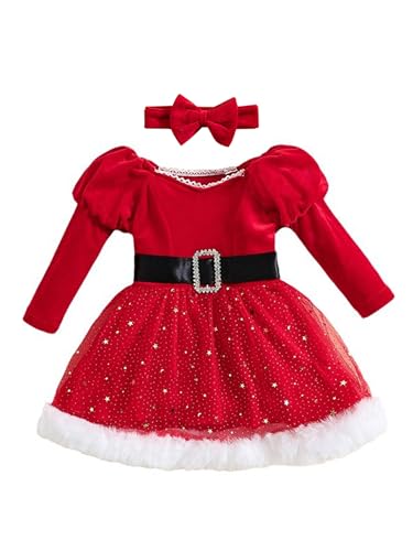 Freebily Kleinkind Baby Mädchen Kleider Festlich Weihnachtskleid Langarm Tutu Kleid Schleifen Stirnband Party Weihnachtskostüm Kleidung Rot U 116-122 von Freebily