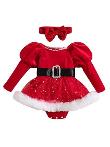 Freebily Kleinkind Baby Mädchen Kleider Festlich Weihnachtskleid Langarm Tutu Kleid Schleifen Stirnband Party Weihnachtskostüm Kleidung Rot W 62-68 von Freebily